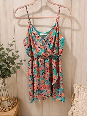 LUSH Floral Wrap Mini Dress Teal Coral Spaghetti Strap Size M